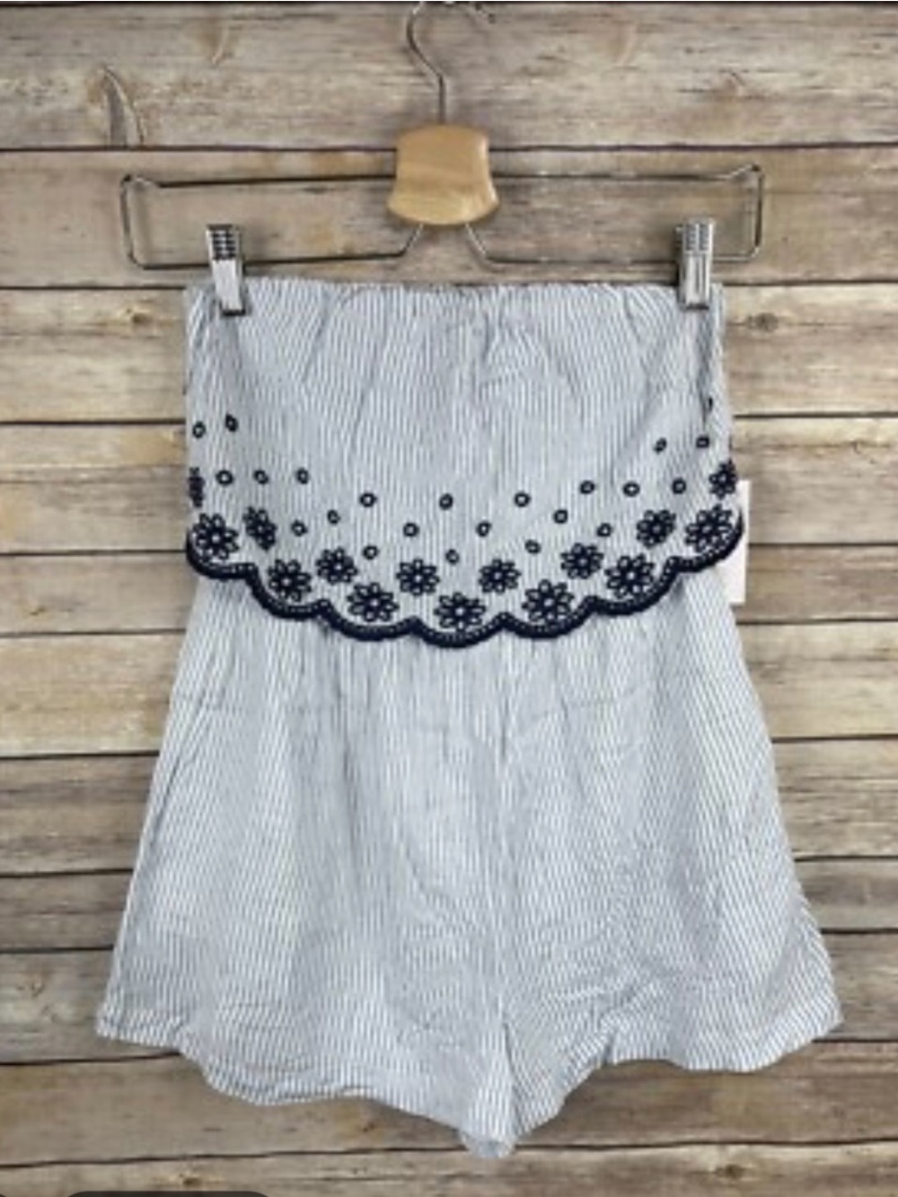 Striped Strapless Romper with Navy Floral Trim